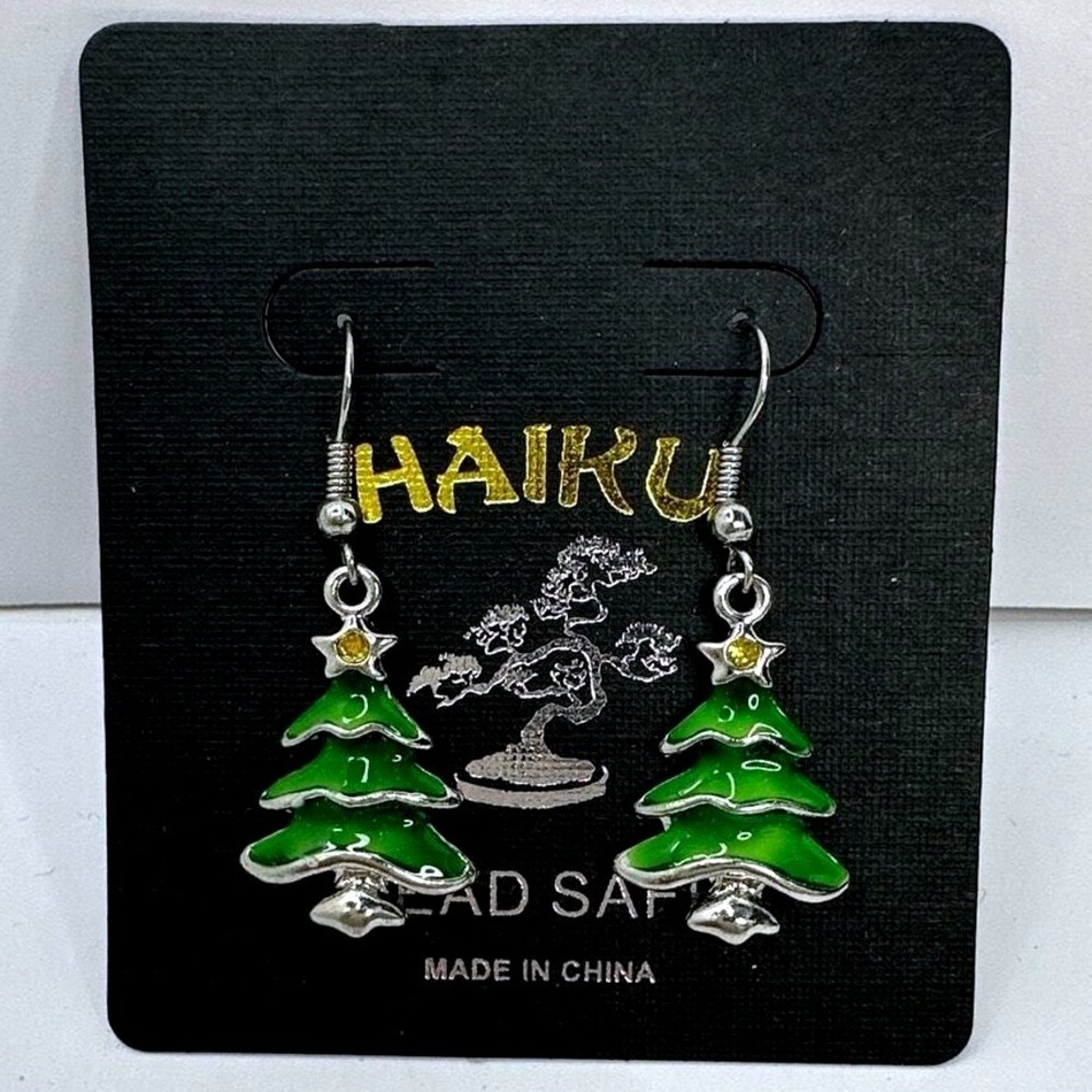 Haiku Christmas Tree Earrings Green Enamel Star Dangle Holiday Jewelry lead safe